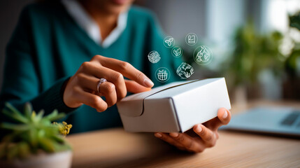 Faceless hand gripping product in white packaging eco friendly icons display sustainability concept visualization green marketing representation zero waste lifestyle