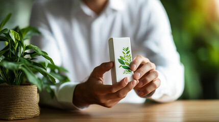 Faceless hand gripping product in white packaging eco friendly icons display sustainability concept visualization green marketing representation zero waste lifestyle