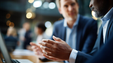 Faceless diverse business people hands discussing ESG strategies risk management workshop collaboration sustainable development report green finance investment net zero waste