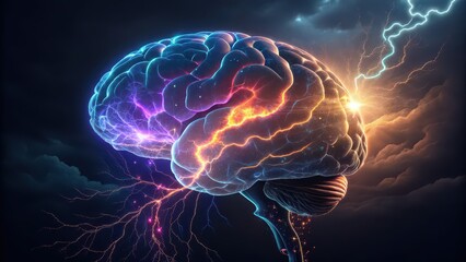 Obraz premium Vibrant brain with electric impulses and lightning bolts