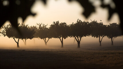 A foggy morning in the grove, the trees standing like silent sentinels guarding secrets hidden in the mist, evoking a sense of serene solitude and timeless beauty.