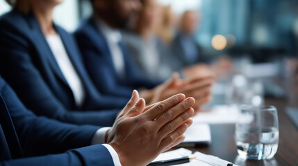 Faceless business leaders hands meeting for sustainable strategy implementing eco practices discussion reuse recycling focus environmental protection planning greener future