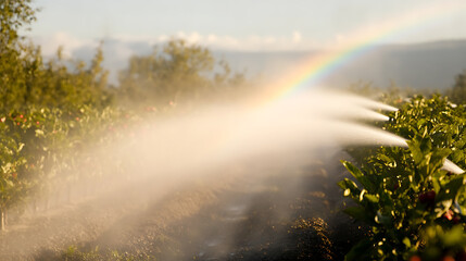 Sprinklers water a lush green field under a colorful rainbow, evoking a sense of natural abundance and harmony in agriculture. Agricultural irrigation with rainbow.