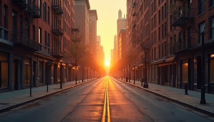 Obraz premium Empty city street at sunset with buildings and road. Warm light illuminates asphalt. Urban landscape, cityscape with apartment houses. Concept of loneliness and travel on beautiful town roads.