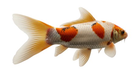 A vibrant koi fish, displaying orange and white patterns, swimming gracefully.