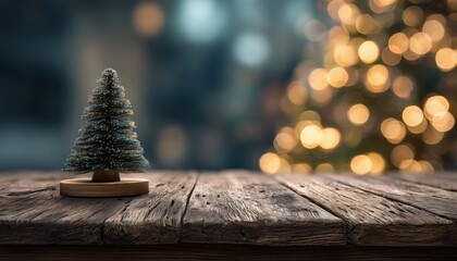 Bokeh Of A Blurred Christmas Tree And Dark Wooden Tabletop. Perfect For Showcasing Products During The Holiday Season. Great For Display.