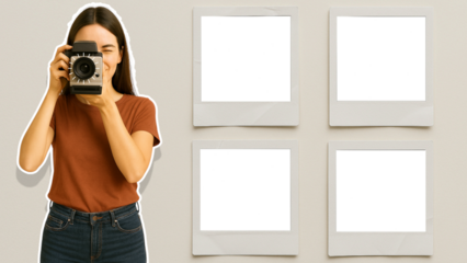 Young Woman Taking Photo with Vintage Camera and Editable Polaroid Frames on Wall