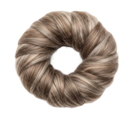 Close-up shot of a hair bun, showcasing a blend of brown and blonde highlights.
