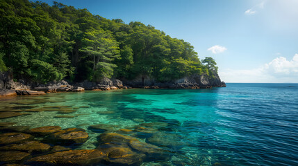 Fototapeta premium A tranquil coastal forest meets turquoise waters high-resolution photo