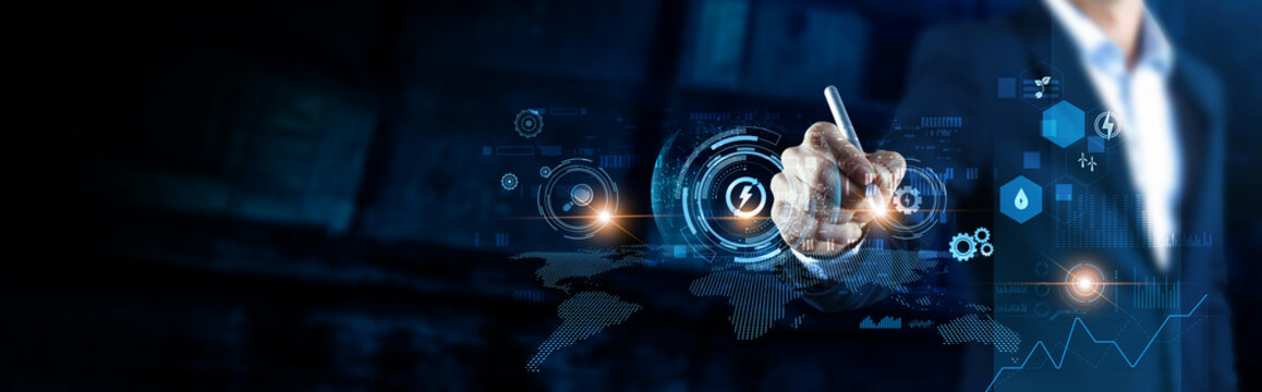 Global energy technology structure of network. Analyzing businessman monitoring grids on digital interface, clean power, smart systems, innovation, sustainability.