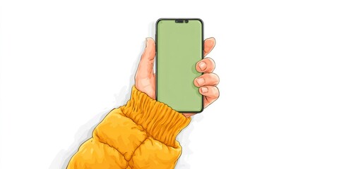 Person holding smartphone with green screen mockup