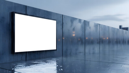 Blank digital billboard mockup perfectly positioned on a sleek, wet concrete urban wall, ready to display impactful advertising campaigns and brand messages in a modern city environment