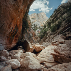 Dramatic view of Gorropu Canyon in Sardinia with massive boulders, steep limestone walls and rugged geological textures under a bright sky. Wild Mediterranean landscape.