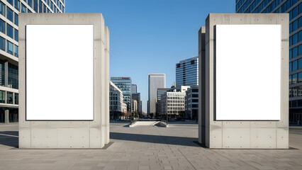 Prominent blank outdoor advertising billboards stand tall in a modern city plaza, offering a prime urban canvas for impactful marketing campaigns and public information displays