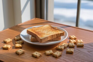 Breakfast with toast and crackers on a wooden table near a window in a bright room
