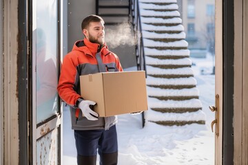 A delivery person stands at the entrance of a building holding a cardboard box. Snow covers the ground and the person breathes out visible steam in cold air.