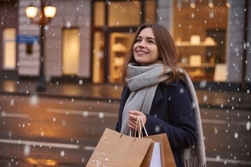 A woman walks on a snowy street in the city center, holding shopping bags. She has a smile on her face as snowflakes fall around her. It is wintertime and the atmosphere is lively.