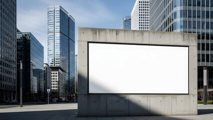 Empty advertising billboard in a modern city, flanked by towering glass buildings, an ideal canvas for urban marketing, business promotions, or public announcements