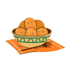 Dumpling with garlic or Ukrainian galushki. Vector traditional Ukrainian meal or eastern European fish made of dough. Rustic homemade food. National cuisine sign. Culinary and cooking, gastronomy.