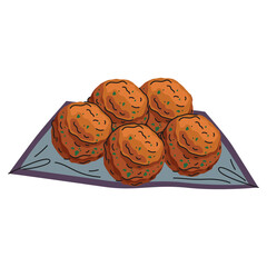 Falafel fritter or food ball. Vector chickpea vegetarian patty, deep fried meal. Middle east street or fast food or Arabic dish. Mezze appetizer or snack for recipe. Mediterranean nutrient. Cooking.