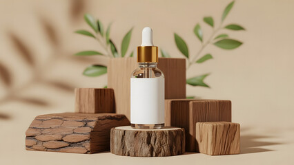Minimalist presentation of a cosmetic dropper bottle with wooden pedestals and natural green leaves for product showcasing