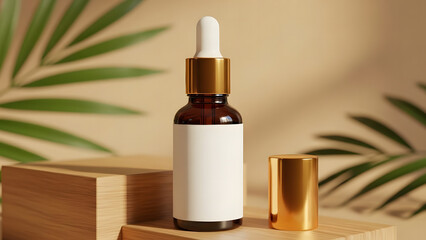 A clear glass dropper bottle with a white label sits on a mossy forest floor, surrounded by lush greenery and soft sunlight