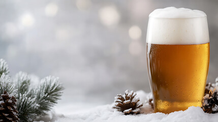 A refreshing beer with a foamy head is placed among snowy pines and pine cones, capturing the essence of a winter festivity and inviting relaxation in a frosty setting.