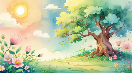 Watercolor landscape of a tree in a meadow