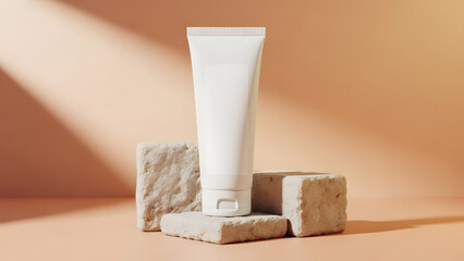 Minimalist white cosmetic tube showcasing premium skincare product on elegant natural stone platforms, highlighted by soft geometric shadows for a serene beauty concept