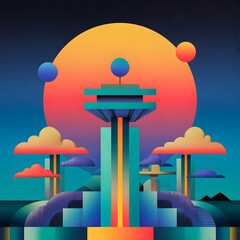 Retro futuristic landscape with geometric structures and vibrant sunset