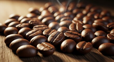 Close-up of roasted coffee beans on a wooden surface, with steam rising
