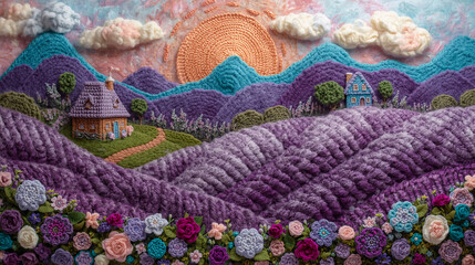 Knitted landscape of a lavender field