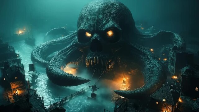 Giant monster skull with tentacles rising in dark harbor cinematic animation for horror movie trailer halloween party background and heavy metal music video visualizer