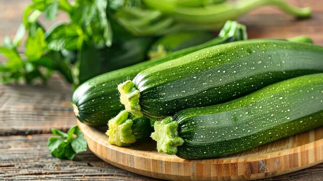 Fresh zucchinis placed on a wooden platter surrounded by vibrant herbs, perfect for adding flavor to various dishes
