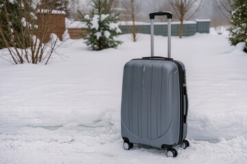 A large suitcase rests on the snowy ground. Snow covers the area around the suitcase. Trees are in the background with a building in view during winter.