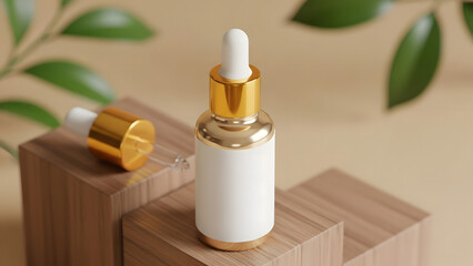 Elegant gold dropper bottles on wooden stands with natural green leaf background, perfect for skincare serum and cosmetic product display