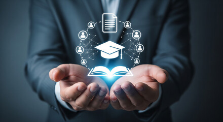 Modern digital education graphic displaying open book, graduation cap, online learning connections and student network for advanced skill development.