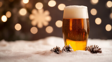 A festive pint: Golden beer nestled in snow with pine cones, illuminated by bokeh lights. Perfect for a winter celebration. Cheers to a joyful holiday season!
