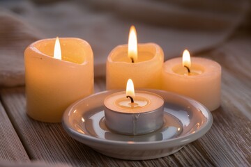 Candles on a wooden surface with soft light creating a warm atmosphere in the evening
