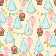 Watercolor birthday party pattern with cupcake, hat and balloon, seamless background.