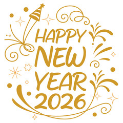 Elegant 2026 Happy New Year concept with golden text and fireworks pattern on a simple white background