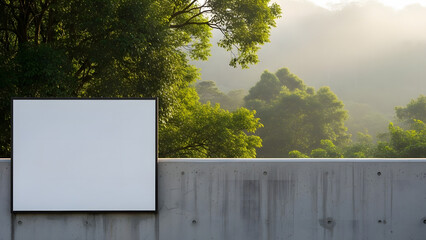 Blank white square billboard on a concrete barrier with a lush green forest and misty mountains in the background