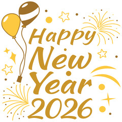 Elegant 2026 Happy New Year concept with golden text and fireworks pattern on a simple white background