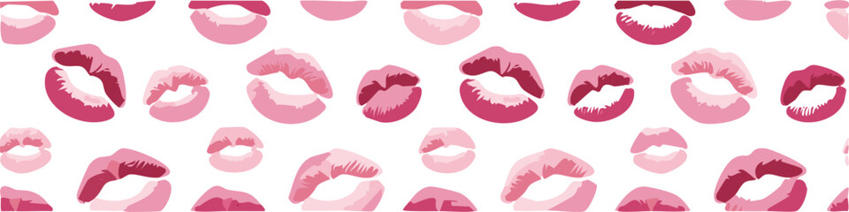 Seamless pattern with pink and red lipstick kiss marks on a transparent background. Romantic repeating design perfect for Valentine’s Day, wrapping paper, textiles, and beauty-themed projects