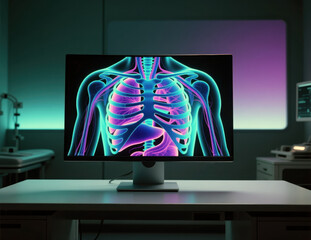 Digital 3D rendering of human skeletal anatomy displayed on a monitor in a modern medical laboratory.