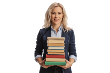 Woman Holding Stack of Books Isolated