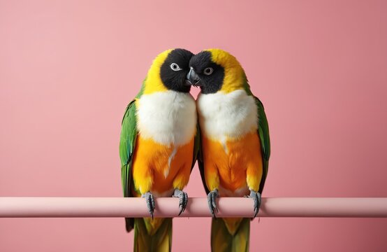 Two colorful caique parrots cuddle together on a perch. A loving couple of exotic birds kiss showing affection. This cute animal pair sits against a plain pink background with copy space for text.