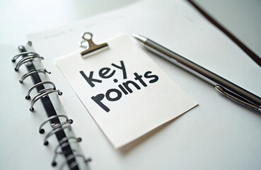 Note with key points attached to planner with clip. Ballpoint pen for writing. Business plan concept shows agenda, memos, strategy. Office supplies for study work. Planning essential task list.