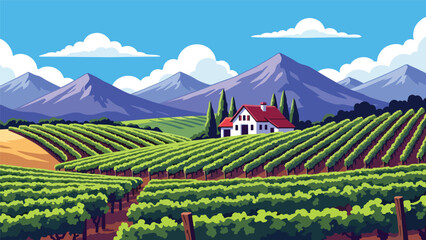 Obraz premium Flat illustration of a vineyard with grapevines, farmhouse, trees, and distant hills. Suitable for travel, food culture, and wine region themes