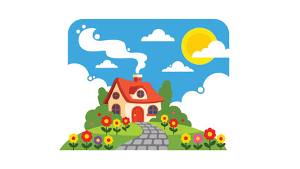 Flat illustration of a cozy countryside cottage with smoking chimney, flowers, and cobblestone path. Ideal for comfort, nature, and rural life themes